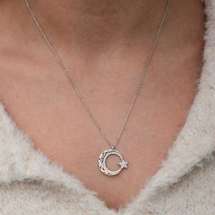 Silver Patterned Crescent Star Women's Necklace
