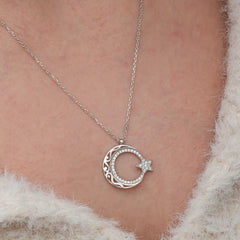 Silver Patterned Crescent Star Women's Necklace
