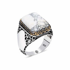 Bague homme carrée en argent et pierre howlite blanche