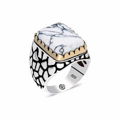 Silver Patterned White Stone Angled Men's Ring