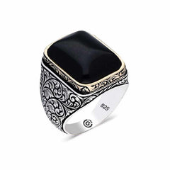 Bague carrée pour homme en argent et pierre de zircone noire à motifs