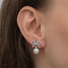 Silver Bow Pearl Women Stud Earrings