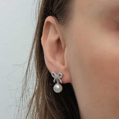 Silver Bow Pearl Women Stud Earrings