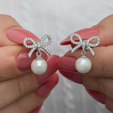 Silver Bow Pearl Women Stud Earrings