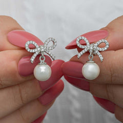 Silver Bow Pearl Women Stud Earrings