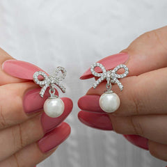 Silver Bow Pearl Women Stud Earrings