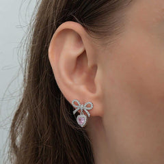 Silver Bow Pink Stone Heart Stud Women's Earrings