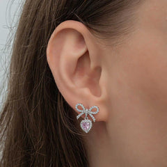 Silver Bow Pink Stone Heart Stud Women's Earrings