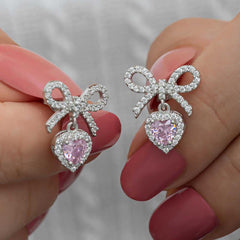 Silver Bow Pink Stone Heart Stud Women's Earrings
