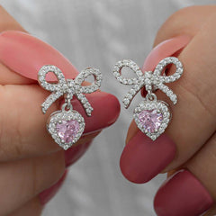 Silver Bow Pink Stone Heart Stud Women's Earrings