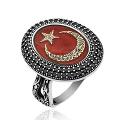 Bague pour femme en argent avec croissant et étoile gravés de l'alphabet turc