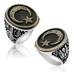 Bague pour homme en argent avec croissant et étoile gravés de l'alphabet turc