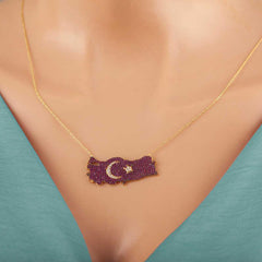 Collier pour femme avec croissant de lune et étoile en argent et or, carte de la Turquie