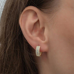 Silver Gold Baguette Row Stone Hoop Earrings