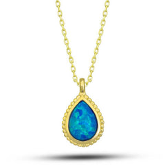 Silver Gold Drop Blue Opal Stone Women's Necklace