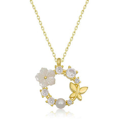 Silver Gold Magnolia Flower Butterfly Women's Necklace
