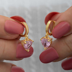 Silver Gold Pink Stone Heart Women's Earrings