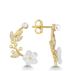 Silver Gold Mother of Pearl Flower Stud Women's Earrings