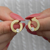 Silver Gold Solitaire Hoop Women Stud Earrings