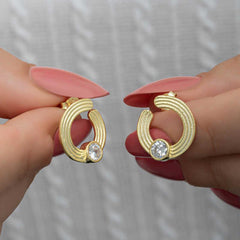 Silver Gold Solitaire Hoop Women Stud Earrings