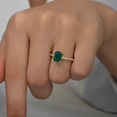 Silver Gold Green Baguette Stone Women's Ring