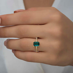 Silver Gold Green Baguette Stone Women's Ring