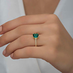 Silver Gold Green Baguette Stone Women's Ring