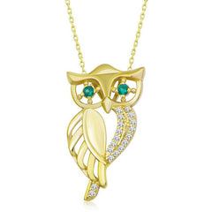 Silver Gold Green Eyed Owl Women's Necklace