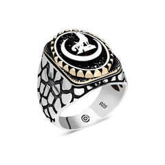 Bague ovale pour homme en argent avec motif loup gris et croissant