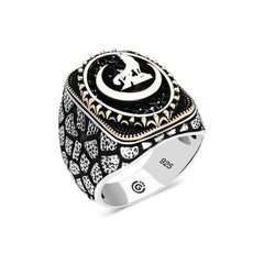 Bague ovale pour homme en argent avec motif loup gris et croissant