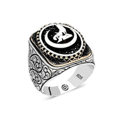 Bague ovale pour homme en argent avec motif loup gris et croissant