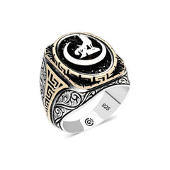 Bague ovale pour homme en argent avec motif loup gris et croissant