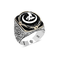 Silver Crescent Grey Wolf Oval Men's Ring