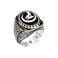 Bague ovale pour homme en argent avec motif loup gris et croissant