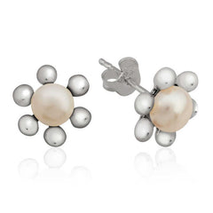 Silver Pearl Flower Stud Earrings