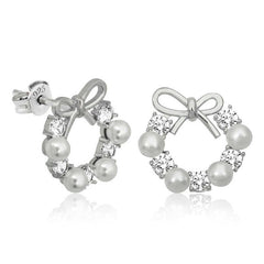 Silver Pearl Ribbon Stud Women's Earrings
