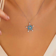 Silver Light Boxed Aquamarine Stone Snowflake Women's Necklace
