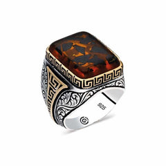 Silver Brown Stone Angled Men's Ring
