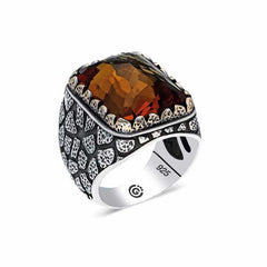 Bague homme carrée en argent et zircon marron