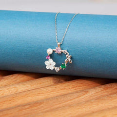 Silver Heart Magnolia Flower Butterfly Women's Necklace