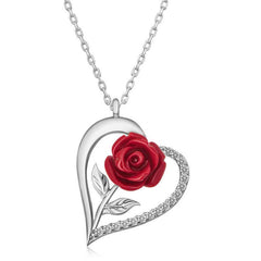 Silver Heart Red Rose Women's Necklace