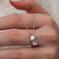 Silver Pink Stone Cute Cat Woman Necklace