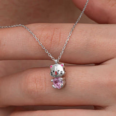 Silver Pink Stone Cute Cat Woman Necklace