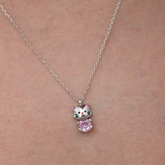 Silver Pink Stone Cute Cat Woman Necklace