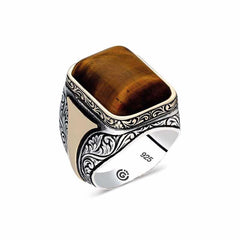 Silver Tiger Eye Square Men's Ring