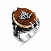 Silver Tiger Eye Stone Tughra Men's Ring