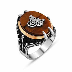 Silver Tiger Eye Stone Tughra Men's Ring