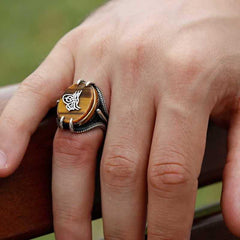 Silver Tiger Eye Stone Tughra Men's Ring