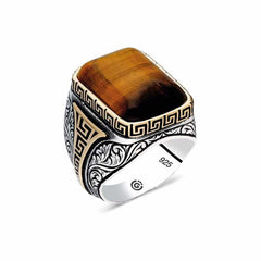 Bague homme carrée en argent avec pierre œil de tigre