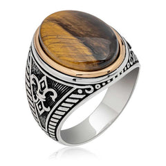 Bague homme ovale en argent avec pierre œil de tigre